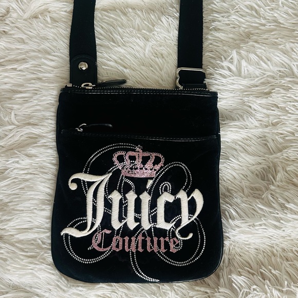 Juicy Couture Y2K Black Velour Crossbody Bag – 2011 Vintage Pink Sparkles - Picture 1 of 16